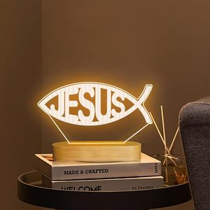 Luz de noche <span class=keywords><strong>3D</strong></span> con forma de pez de Jesús, lámpara de mesa de Color cálido óptico de ilusión de madera LED, conmemoración cristiana religiosa de Navidad - Product Image 1