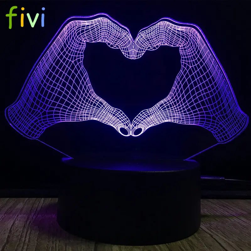 Love Heart Hand Gesture 3D Lamp LED Night Light 7 Colors Light for Home Decoration Lamp Amazing Optical Light