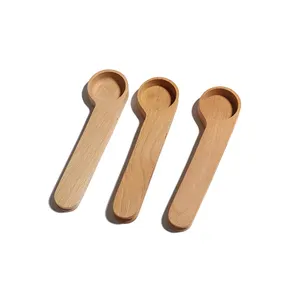 Multifunctional 2 in 1 wooden measure scoop and sealing clip Tablespoon and tsp Teaspoon Measure Scoop Long Coffee Spoons