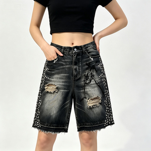 Shorts en jean décontractés taille haute skinny pour <span class=keywords><strong>femme</strong></span>, imprimé squelette, déchirés et effilochés, pour l'été - Product Image 4