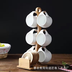 Wooden Coffee Tea <b>Set</b> With Bamboo Stand 3 Tier Ceramic Cups <b>Coasters</b> For Home Use - Product Image 4