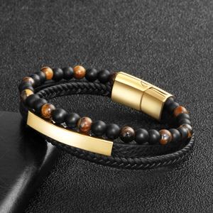 Pulsera de Cuero Negro Multicapa para Hombre, con Cuentas de Piedra Natural Ojo de Tigre, Cuerda Trenzada de Acero Inoxidable, Joyería de Moda - Product Image 3