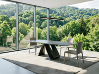 Table à manger rectangulaire en pierre frittée à bord fin, plateau en céramique de 12 mm avec base métallique à renforts cachés, design moderne