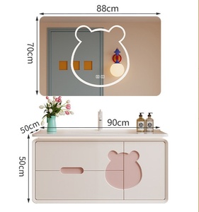 New gentle healing cream style integrated ceramic basin intelligent bear mirror oak baked <b>paint</b> bathroom cabinet - Product Image 5