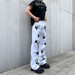 Calças queimadas estilo americano, <span class=keywords><strong>jeans</strong></span> branco estampado em palmeira na rua alta, calça para meninos e meninas com estampa de rua - Product Image 3