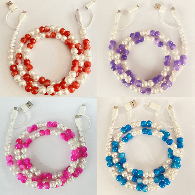 Factory Wholesale Colored Acrylic Beaded 4 in 1 USB Fast Charge Cord Pearl Beaded Charger Cable for Mobile Phone