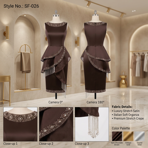 Vestido Midi Color Chocolate Oscuro con Sobre Falda en Capas y Flecos de Cristal, Elegante Vestido de Cóctel para Fiesta de Noche - Product Image 3