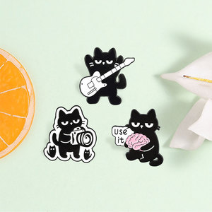 Cool Black Cat Enamel Pin Set Rock Music <strong>Camera</strong> And Brain Brooch For Backpack Decoration - Product Image 1