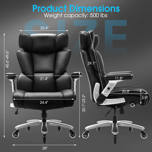 Chaise de bureau grande taille 500lbs avec soutien lombaire réglable, accoudoirs rabattables et siège plus large, chaise en cuir à dossier haut - Product Image 3