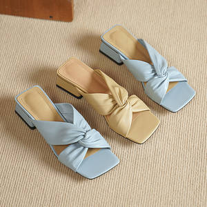 Summer Korean Style Genuine Leather Fashion Trend Comfortable Simple Slip-On Square-Toe Chunky Low-Heeled <b>Crossover</b> Ankle Strap - Product Image 5