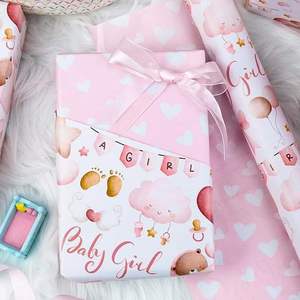 Papier d'emballage pour bébé fille, nuages roses, ballons, ours, cœurs, papier d'art réversible, emballage cadeau pour anniversaire, fête - Product Image 1