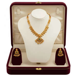 Gold kundan necklace <b>set</b> with pearl <b>beads</b> and green stone pendant bridal wedding jewelry traditional ethnic statement <b>set</b> - Product Image 1