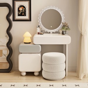 Coiffeuse moderne en bois blanc avec miroir et rangement, style crème, pour chambre de fille, à prix abordable - Product Image 2