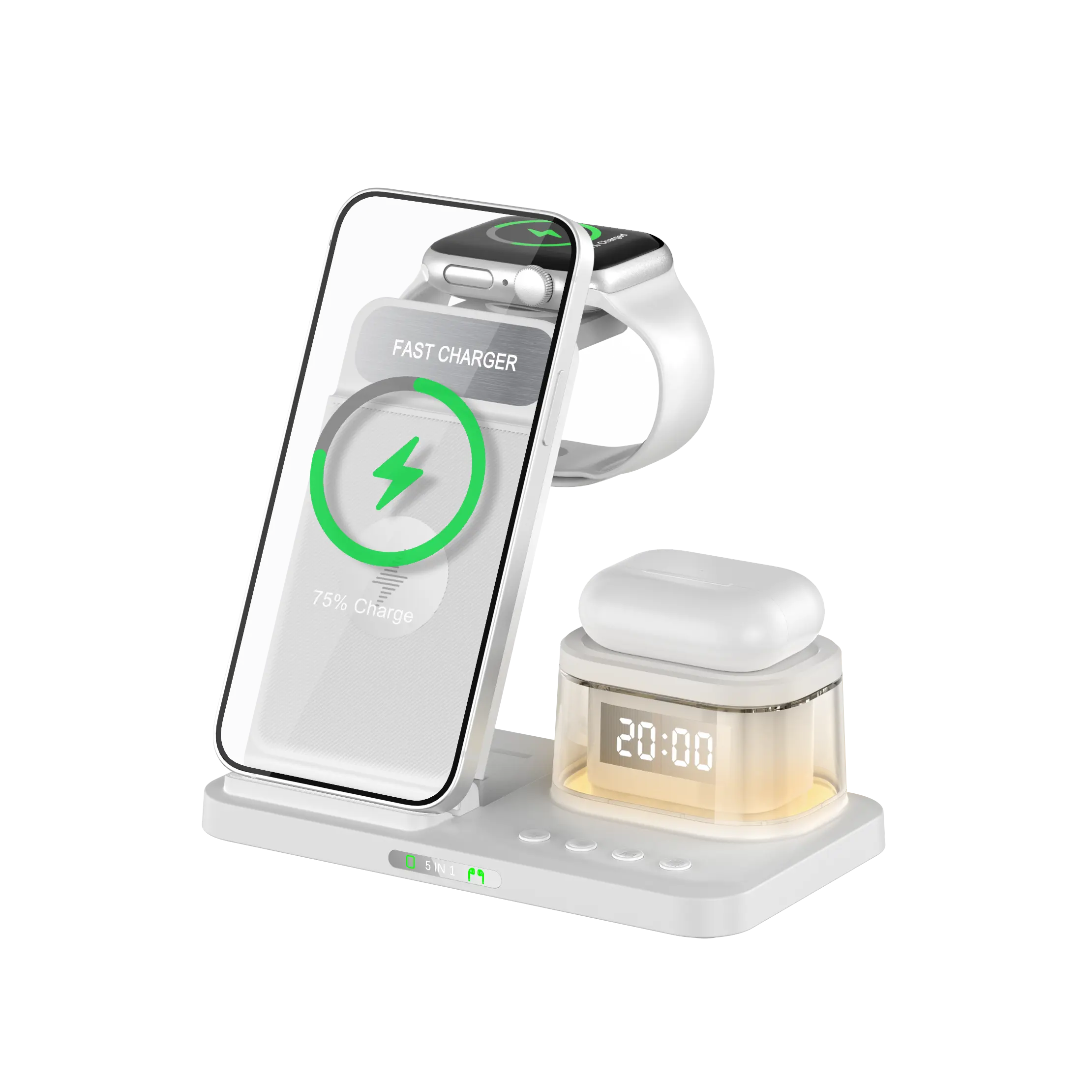 2024 produk diskon besar-besaran lampu Led dengan jam malam Alarm Qi dapat dilipat 5 In 1 pengisi daya nirkabel untuk Airpods Iphone