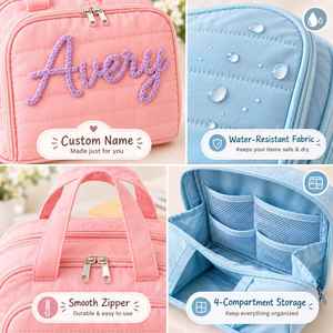 Custom Large Capacity Quilted Cosmetic Organizer Bag, Custom 3D Embroidered Name <b>Travel</b> Toiletry Case - Product Image 5