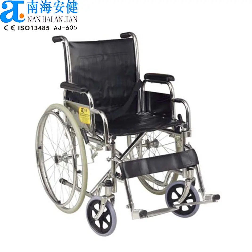 เก้าอี้รถเข็น AJ-605ชุบโครเมี่ยมอเนกประสงค์บำบัดฟื้นฟูสมรรถภาพทางการแพทย์พร้อมที่วางแขนและที่วางเท้าแบบถอดได้