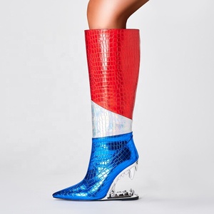 Teeth Shape Heels Wide Fit Women's Big Size 46 Knee High <b>Boots</b> Ladies Mixed Colors Shoes Wedge Heel on Long Booties - Product Image 5