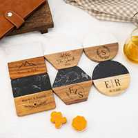 Sous-verre carré en pierre naturelle personnalisé avec logo, pour boissons, en marbre et bois