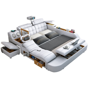 Lit intelligent de luxe en cuir, multifonctionnel, taille King, plateforme rembourrée en tissu, lit souple avec rangement et haut-parleur musical YSS-B4 - Product Image 3