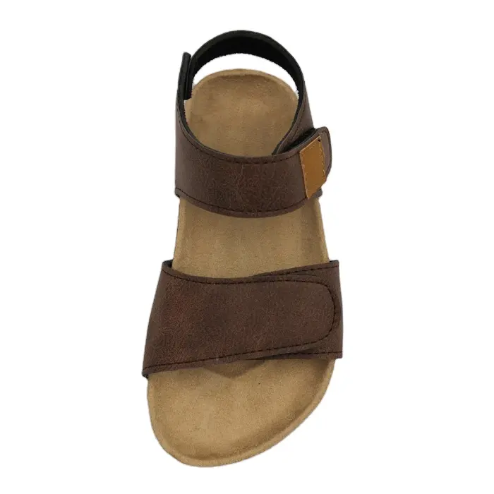 Trend Stylish 2-strap Brown Leather Upper Toddler Sandal Custom Logo Slide Sandal Kids With Adjustable Buckles