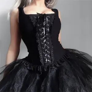 Goth Dark Grunge Débardeurs Gothique Évider Bandage Top Été Sexy Mode Mesh Ruch Ruffle Punk Tops