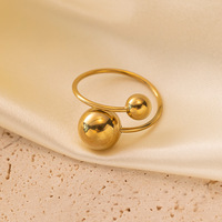 Stainless Steel Gold Plated Adjustable Open Ring Tarnish Free Hypoallergenic Double Ball Statement Ring for Women
