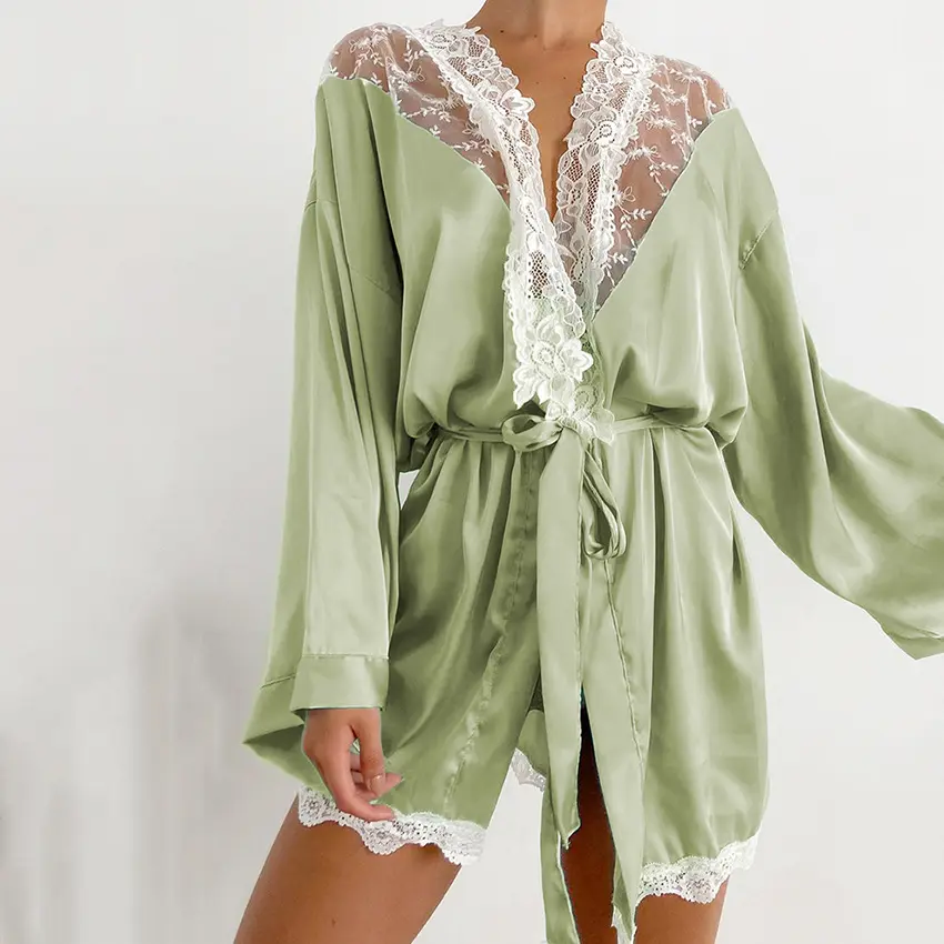 NANTEX – pyjamas en Satin pour femmes, Robes de nuit vertes transparentes, vêtements de nuit Sexy en dentelle épissage, Robes de bain en Satin, Kimono