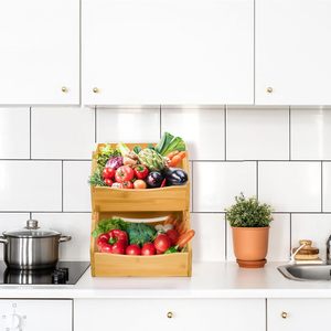SINCERE 2 Pack Bamboo Countertop <strong>Storage</strong> <strong>Bins</strong> Open Front 2-Tier Stacking Organize Basket <strong>Box</strong> Handle Food Fruit Kitchen <strong>Storage</strong> - Product Image 6