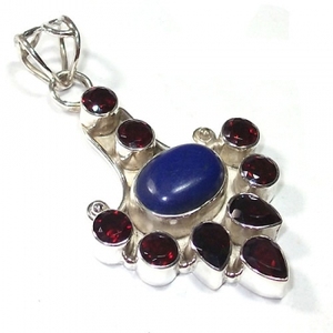 Véritable lapis lazuli bleu grenat rouge pendentif en argent sterling pur fait à la main multi-pierre design unique - Product Image 1