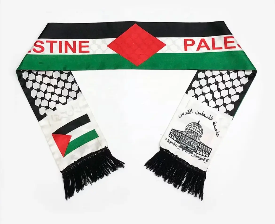 Logotipo personalizado Dinamarca Palestina Seda 100% Acrílico tejido Jacquard Bandera tejida Bufanda de invierno para fútbol Fútbol Deportes Equipo Fan