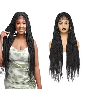 Lace Front Braids Wig for Black Women 4x4 Lace Parting Box Knotless Braided Wigs Long Synthetic Braids Wig 30Inch Black