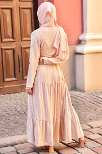 Leduo Customized Muslim Women Floor Length Dress Elegant Pleated Long Sleeve Down Abaya Dress With Belt - Product Image 2