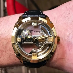 ForXining นาฬิกาข้อมือสำหรับผู้ชายดีไซน์แบบใสสองด้านสีทองดูทันสมัยดูหรูหราอัตโนมัติของขวัญ - Product Image 4