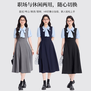 Women's Grey Vest Dress Natural Waist Pleated Turn-down Collar Daily Wear Career Dresses - Product Image 5