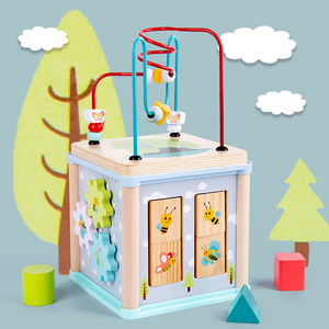 Jouet éducatif multifonctionnel en bois pour enfants, à cinq en un, à quatre faces, avec des perles enroulées, intéressant pour la cognition animale - Product Image 2