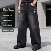 Jean évasé à jambe large pour homme en denim délavé au charbon personnalisé 13OZ, effet délavé à la sourcille, avec logo audacieux en relief et passants de ceinture