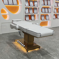 Cama de Masaje de Lujo con Base de Acero Inoxidable Dorado, Control por Pedal, Moderna, 3 Motores, Eléctrica, Extensible, para Spa Facial, con Luces