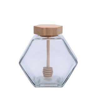 Pot à <span class=keywords><strong>miel</strong></span> hexagonal vide en verre <span class=keywords><strong>de</strong></span> haute qualité avec couvercle en bambou - Product Image 1
