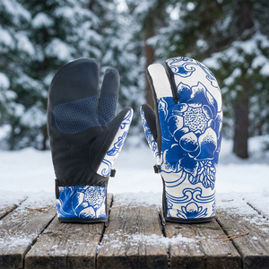 Mitaines de ski imperméables à imprimé floral bleu, gants de snowboard thermiques unisexes pour l'hiver - Product Image 2
