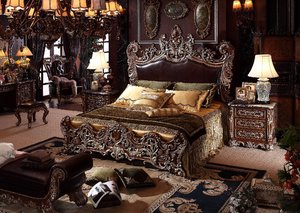 Lit à baldaquin rétro classique américain en bois massif sculpté, avec revêtement en cuir, design antique, pour chambre à coucher, mobilier de maison - Product Image 6