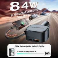 Chargeur de voiture rétractable SUNDA 84W PD30W/PPS33W QC18W Charge rapide Câble de 32 cm Adaptateur de chargeur de voiture USB C pour ordinateur portable Téléphone 12V-24V