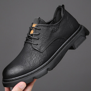 Chaussures bateau en cuir véritable noir pour hommes, décontractées, respirantes, à lacets, couleur unie, confortables, antidérapantes, pour le travail et l'extérieur - Product Image 1