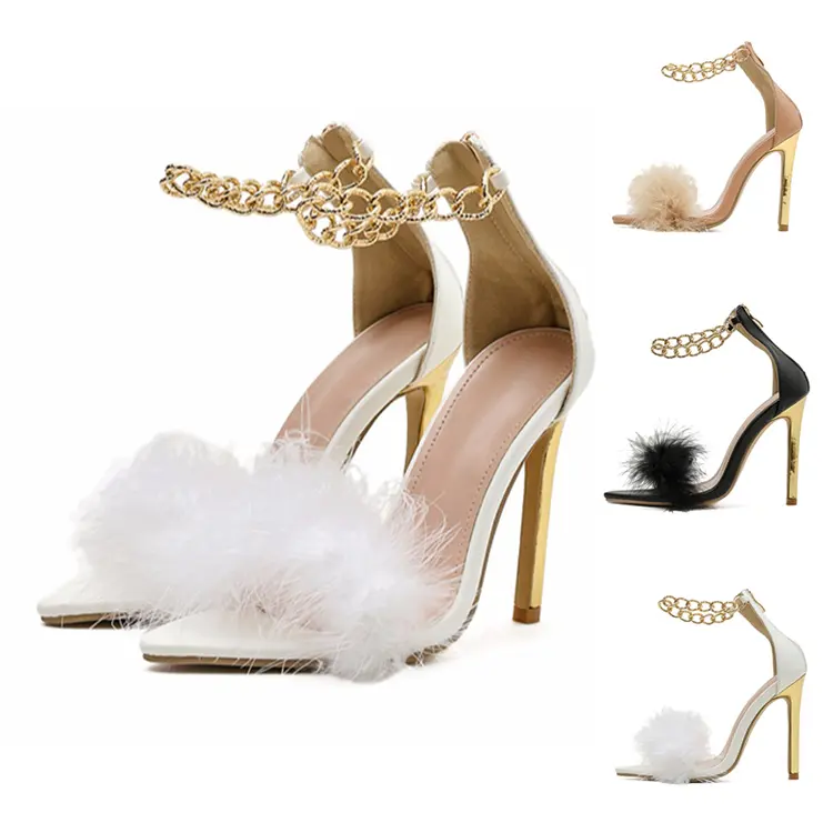 Women's Party Shoes Fashion Trend Faux Fur New Sweet Heels Sandals Pointed Toe Metal Chain Feather High Heel