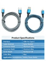 Câble USB-A vers Type-C en nylon tressé, charge rapide, cordon de données avec protection anti-tension renforcée pour téléphone portable Togudu T-255