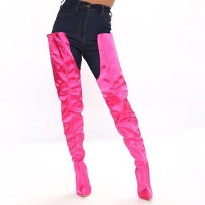 Bar notturno Fancy Rosa di Raso Liscio Superiore Delle Donne Sopra Il Ginocchio Stivali Alti Zip Laterale A Spillo Delle Signore Punta a punta Alta Della Coscia lunghi Stivaletti - Product Image 5