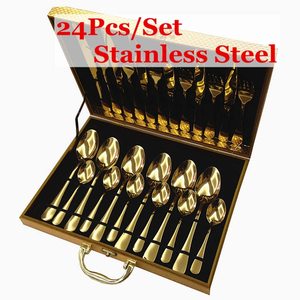 Ensemble <span class=keywords><strong>de</strong></span> Vaisselle en Acier inoxydable Cuillère <span class=keywords><strong>et</strong></span> <span class=keywords><strong>Fourchette</strong></span> 24 pièces Couverts Couverts <span class=keywords><strong>Set</strong></span> <span class=keywords><strong>de</strong></span> Couverts en Or - Product Image 2