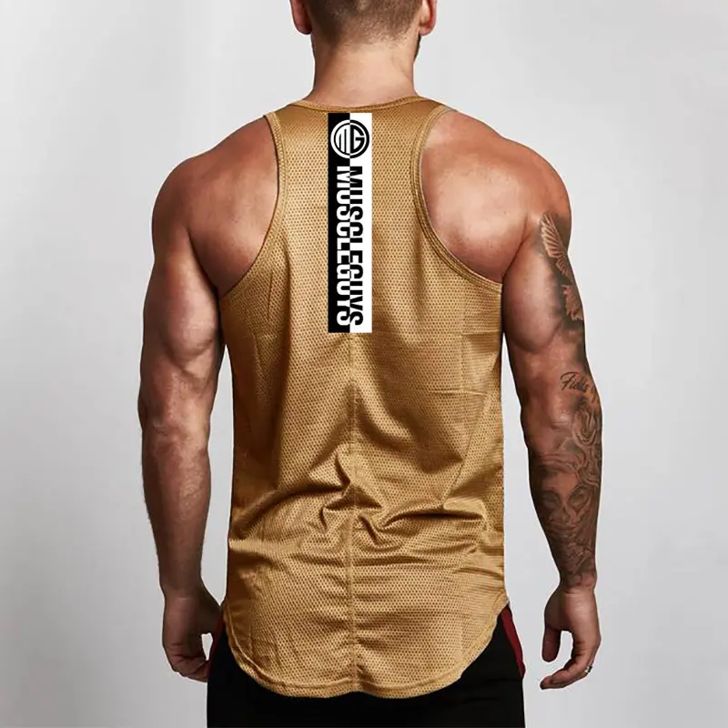 Foto Logo Design personalizzato da uomo Bodybuilding canottiera palestre Fitness senza maniche in rete abbigliamento canottiera moda canottiera