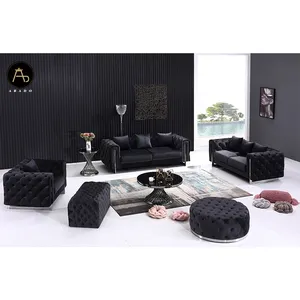 Ý Thiết Kế Sang Trọng Nội Thất Nhà Phòng Khách Cổ Điển Khung Thép Không Gỉ Nhung Chesterfield Sofa