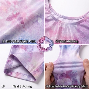 Justaucorps de gymnastique sans manches pour enfants avec imprimé tie-dye arc-en-ciel et chouchou pour cheveux, short de danse pour filles - Product Image 2