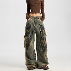 Pantaloni da donna stile Vintage Euro-americano luce Y2K Hip Hop stile Cargo Multi-tasca Denim <span class=keywords><strong>Jeans</strong></span> a gamba larga <span class=keywords><strong>vita</strong></span> <span class=keywords><strong>bassa</strong></span> pe - Product Image 2